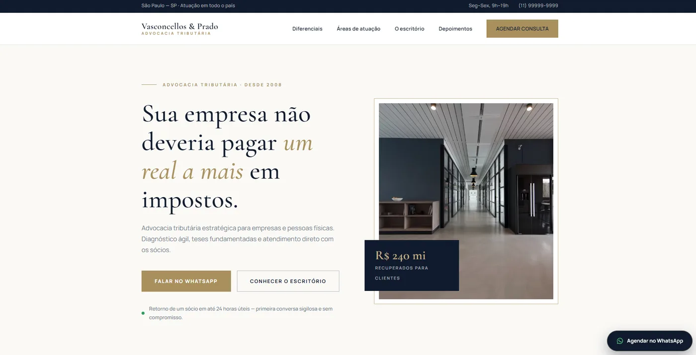 Landing page do escritório Vasconcellos & Prado — advocacia tributária